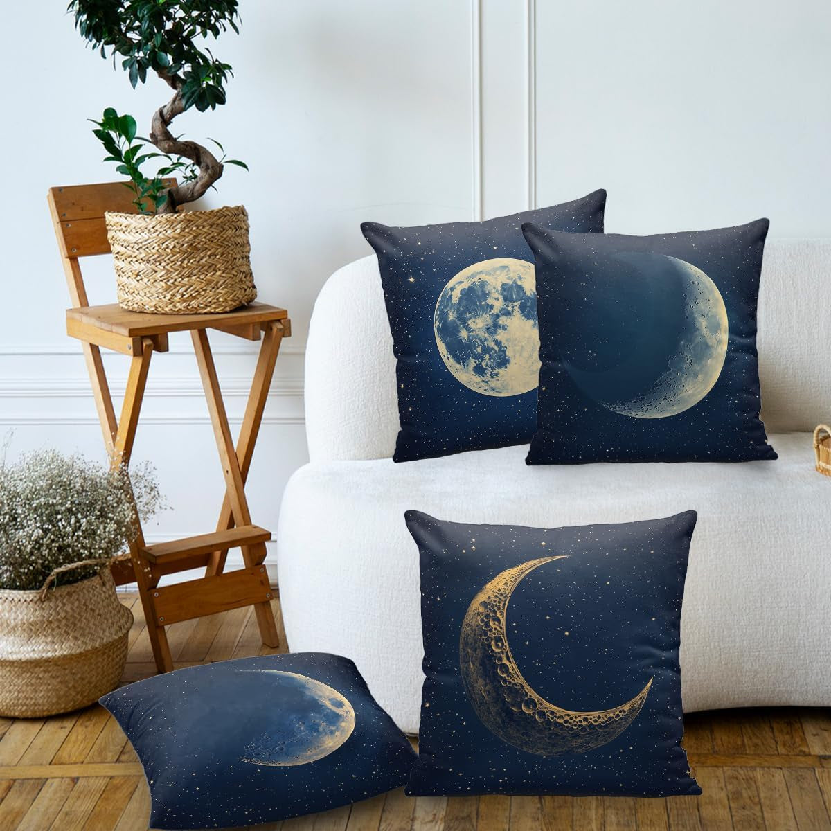 Moon Phases midnight blue pillow covers, 18x18, set of 4 (view 7 of 7)
