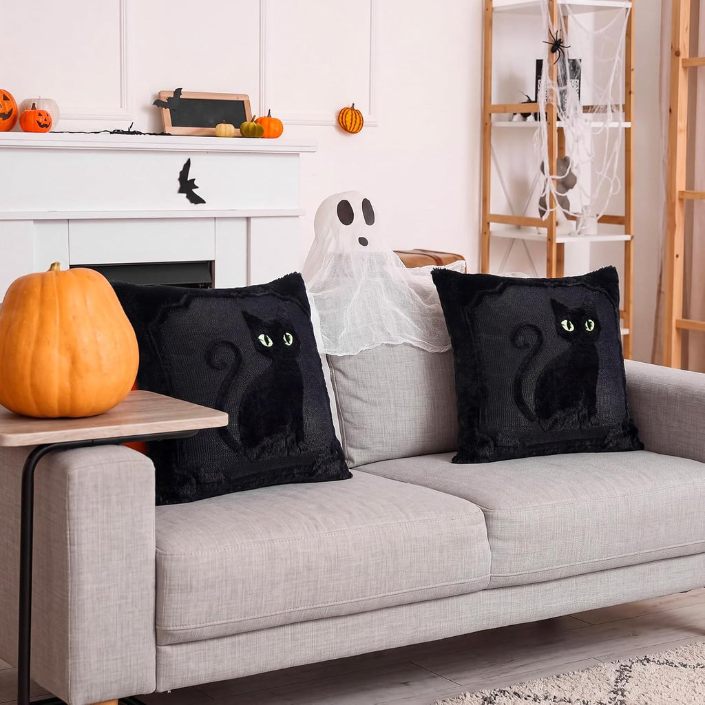 Midnight Familiar black faux fur cat pillow covers, 18x18, set of 2 (view 4 of 6)