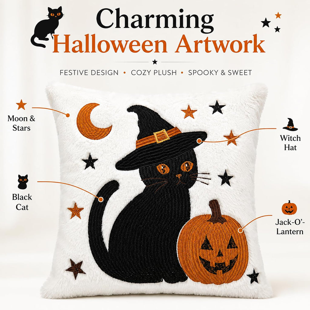 Familiar's Welcome black cat and ghost plush pillow covers, 18x18, set of 2 (view 2 of 7)