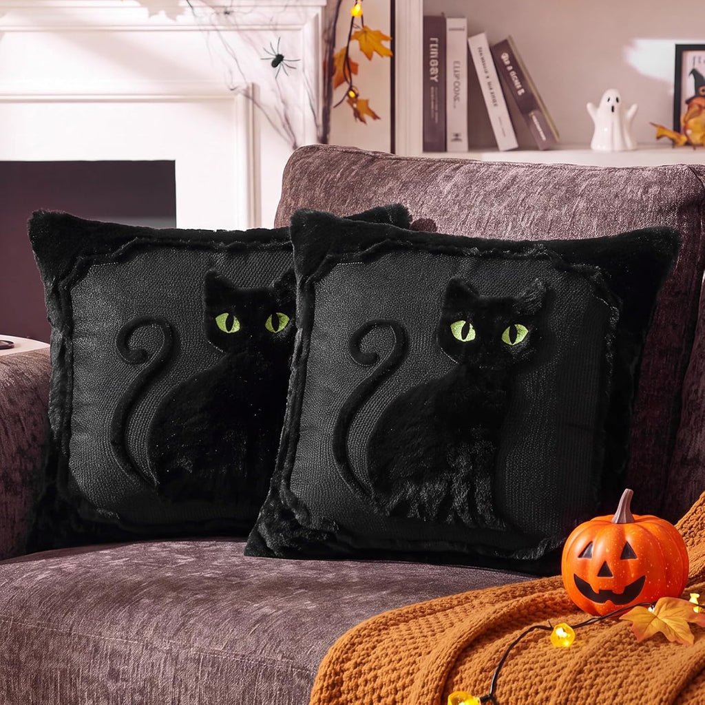 Midnight Familiar black faux fur cat pillow covers, 18x18, set of 2 (view 1 of 6)