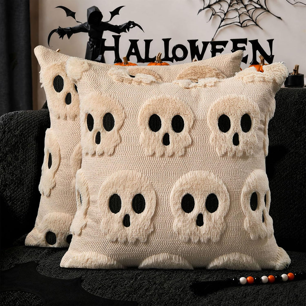 Bone Garden pillow covers: two beige 18x18 faux-fur covers with a skeleton motif, cozy texture with a bone-deep wink
