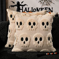 Bone Garden pillow covers: two beige 18x18 faux-fur covers with a skeleton motif, cozy texture with a bone-deep wink