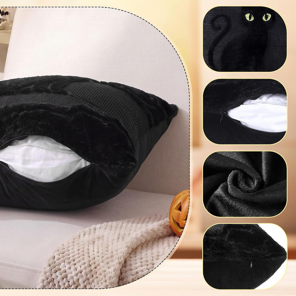 Midnight Familiar black faux fur cat pillow covers, 18x18, set of 2 (view 3 of 6)