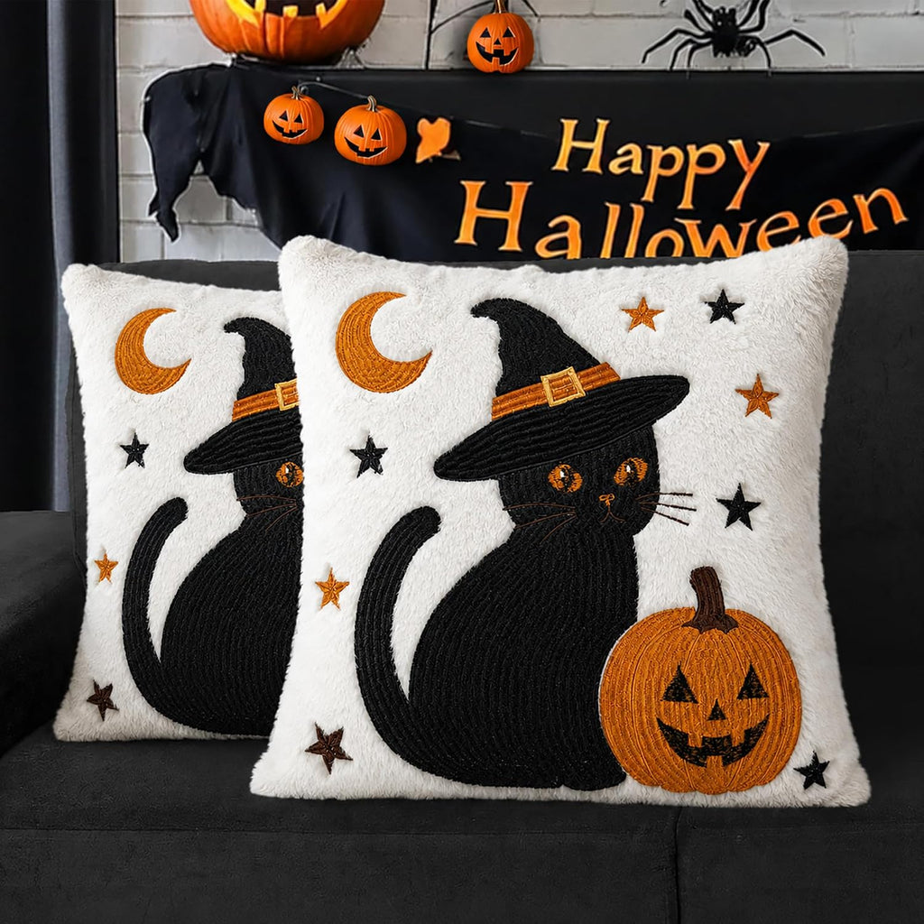 Familiar's Welcome black cat and ghost plush pillow covers, 18x18, set of 2 (view 1 of 7)