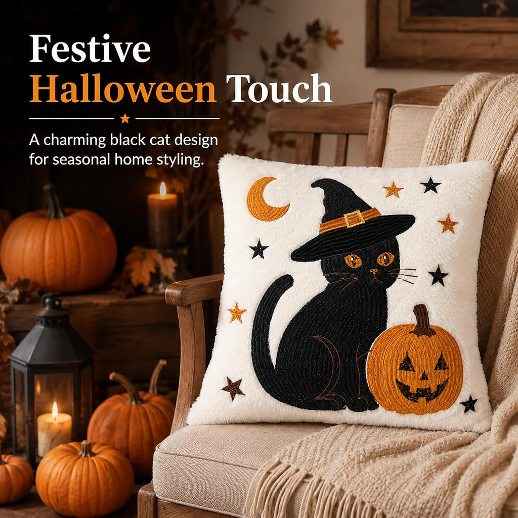 Familiar's Welcome black cat and ghost plush pillow covers, 18x18, set of 2 (view 4 of 7)