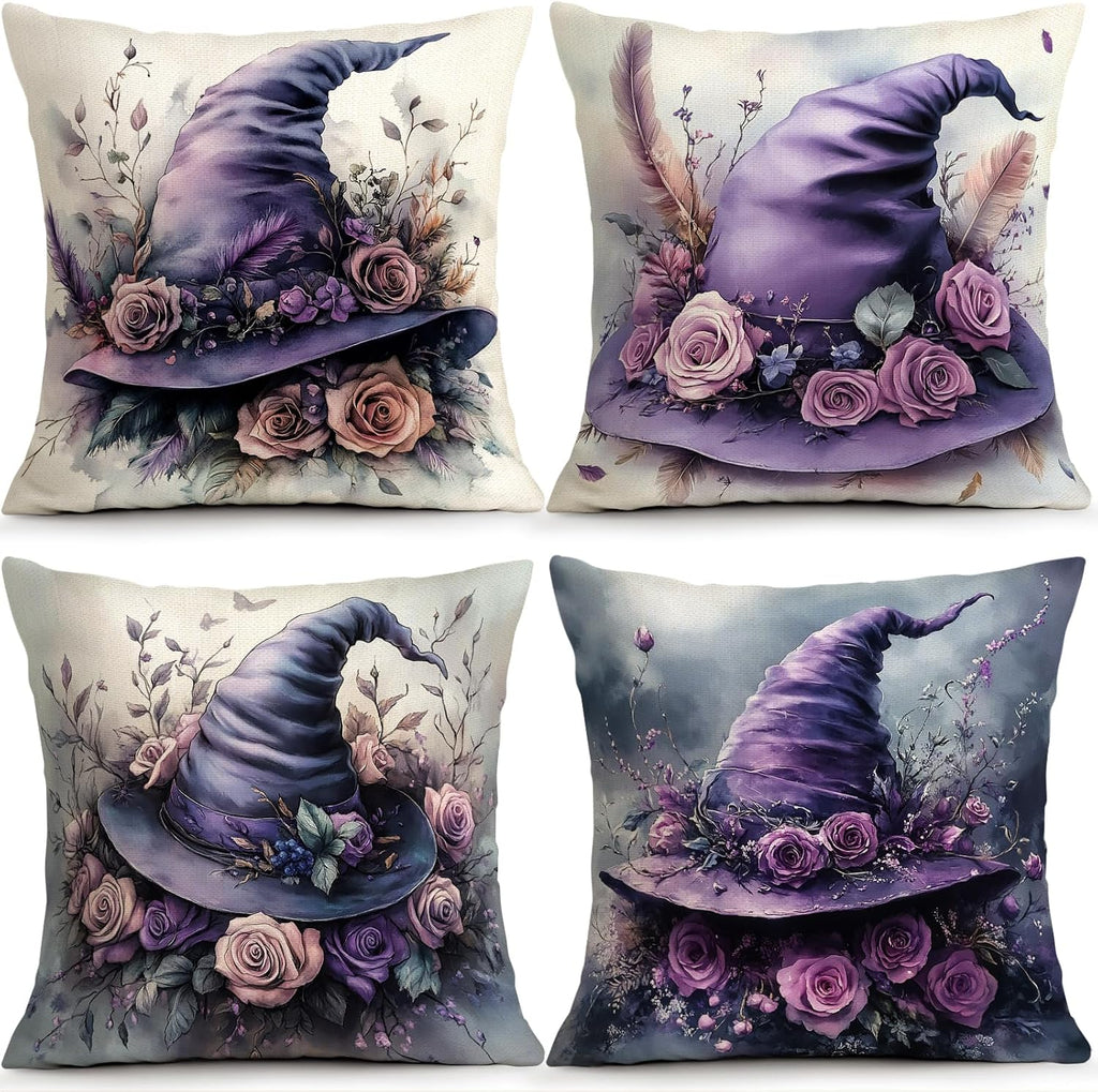 Enchanted Hat purple witch hat and rose pillow covers, 18x18, set of 4 (view 1 of 7)