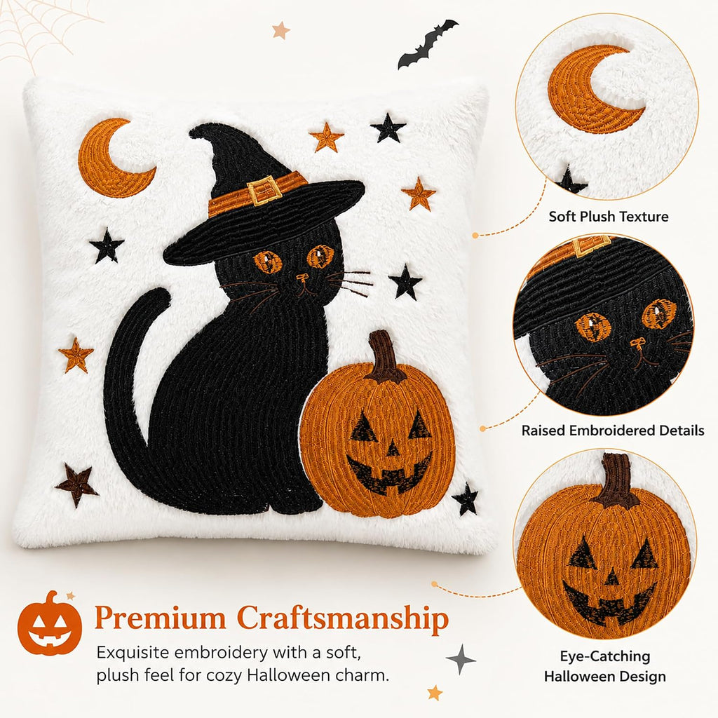 Familiar's Welcome black cat and ghost plush pillow covers, 18x18, set of 2 (view 5 of 7)