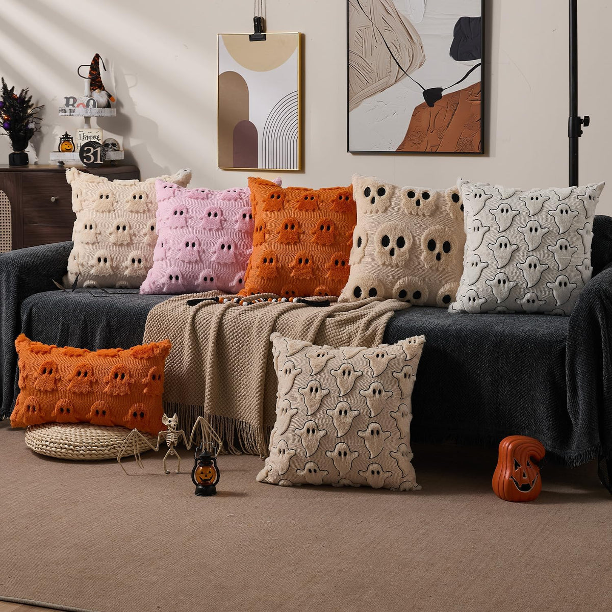 Bone Garden beige faux-fur skeleton pillow covers, 18x18, set of 2 (view 6 of 6)