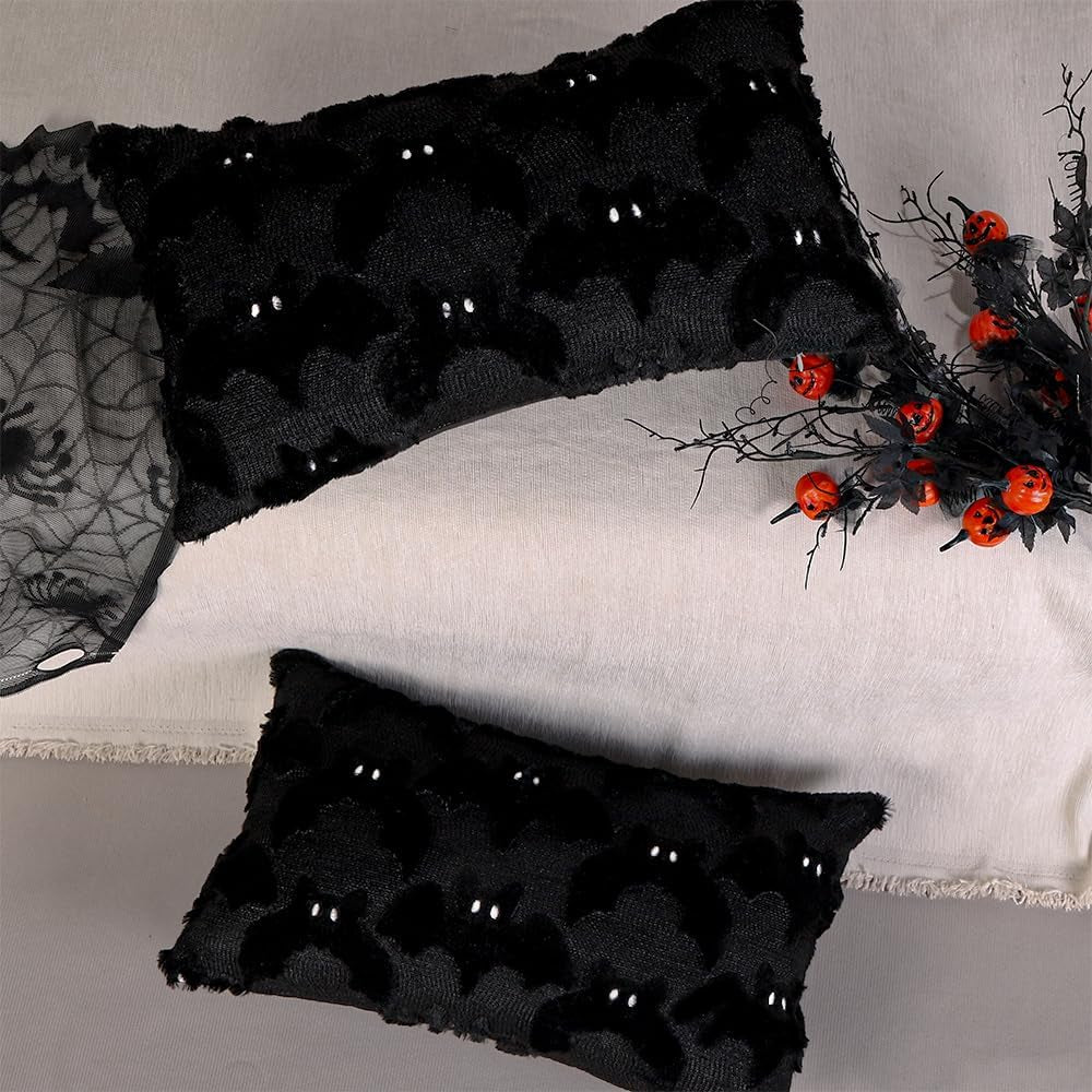 Velvet Night black faux fur bat lumbar pillow covers, 12x20, set of 2 (view 2 of 7)