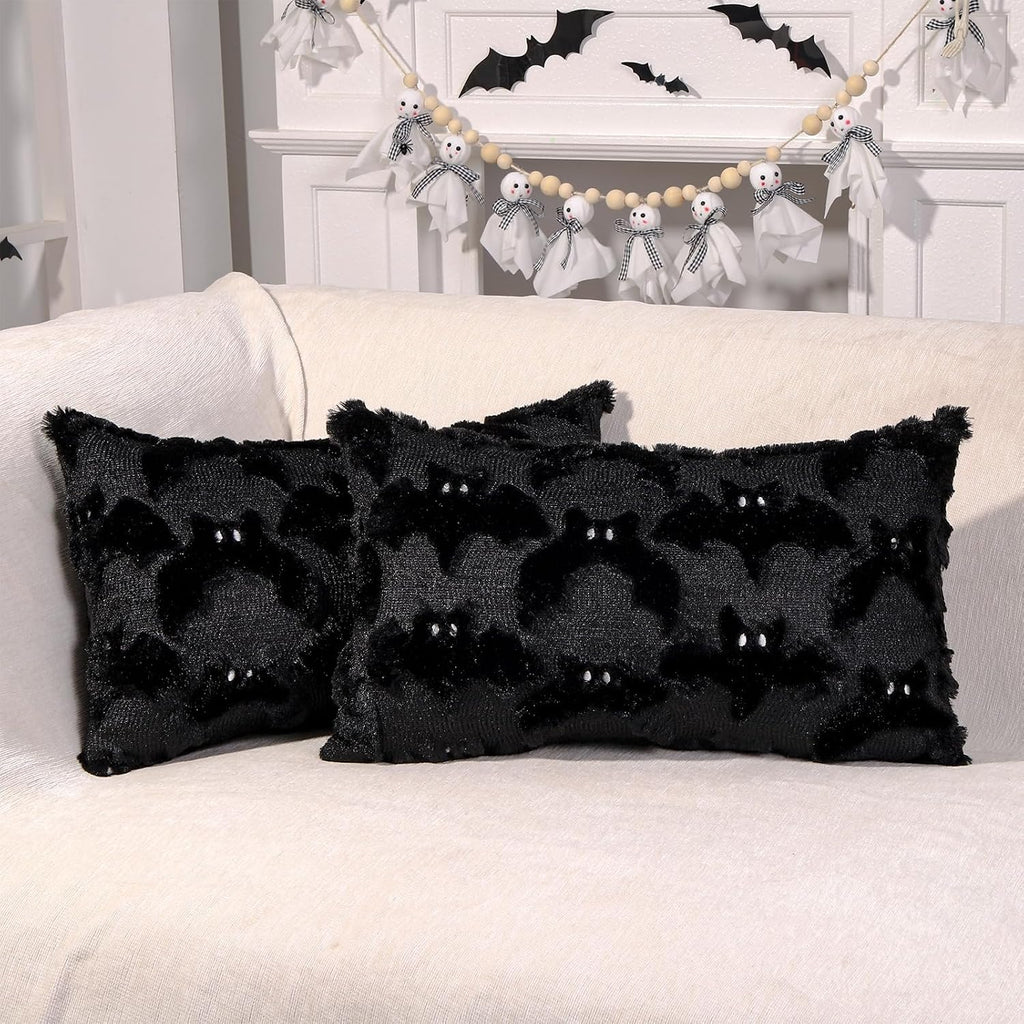Velvet Night black faux fur bat lumbar pillow covers, 12x20, set of 2 (view 1 of 7)