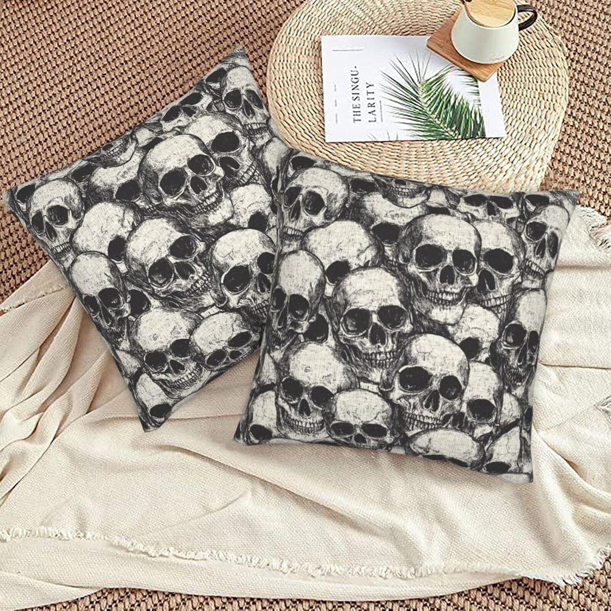 Bone Pile gray skull print pillow covers, 18x18, set of 2 (view 6 of 7)