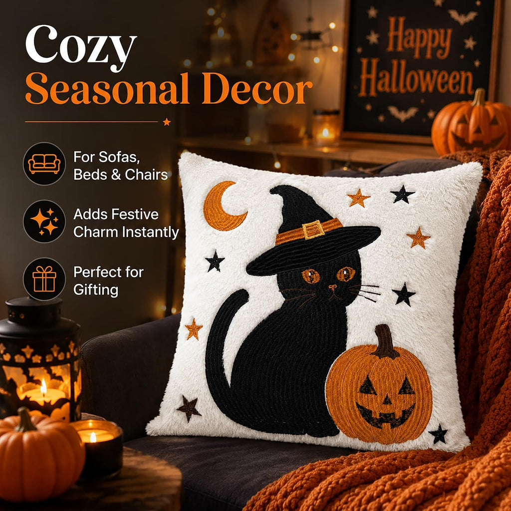 Familiar's Welcome black cat and ghost plush pillow covers, 18x18, set of 2 (view 7 of 7)