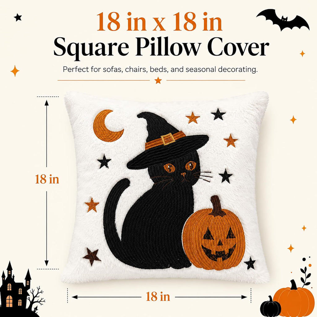 Familiar's Welcome black cat and ghost plush pillow covers, 18x18, set of 2 (view 3 of 7)