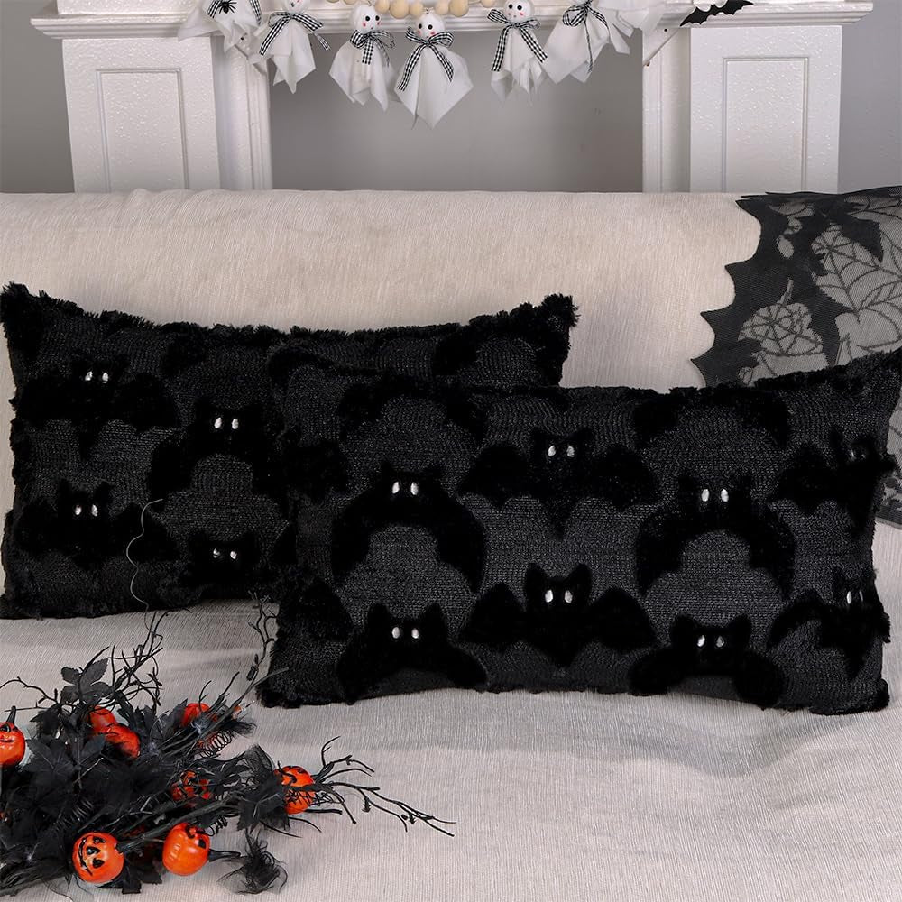 Velvet Night black faux fur bat lumbar pillow covers, 12x20, set of 2 (view 7 of 7)