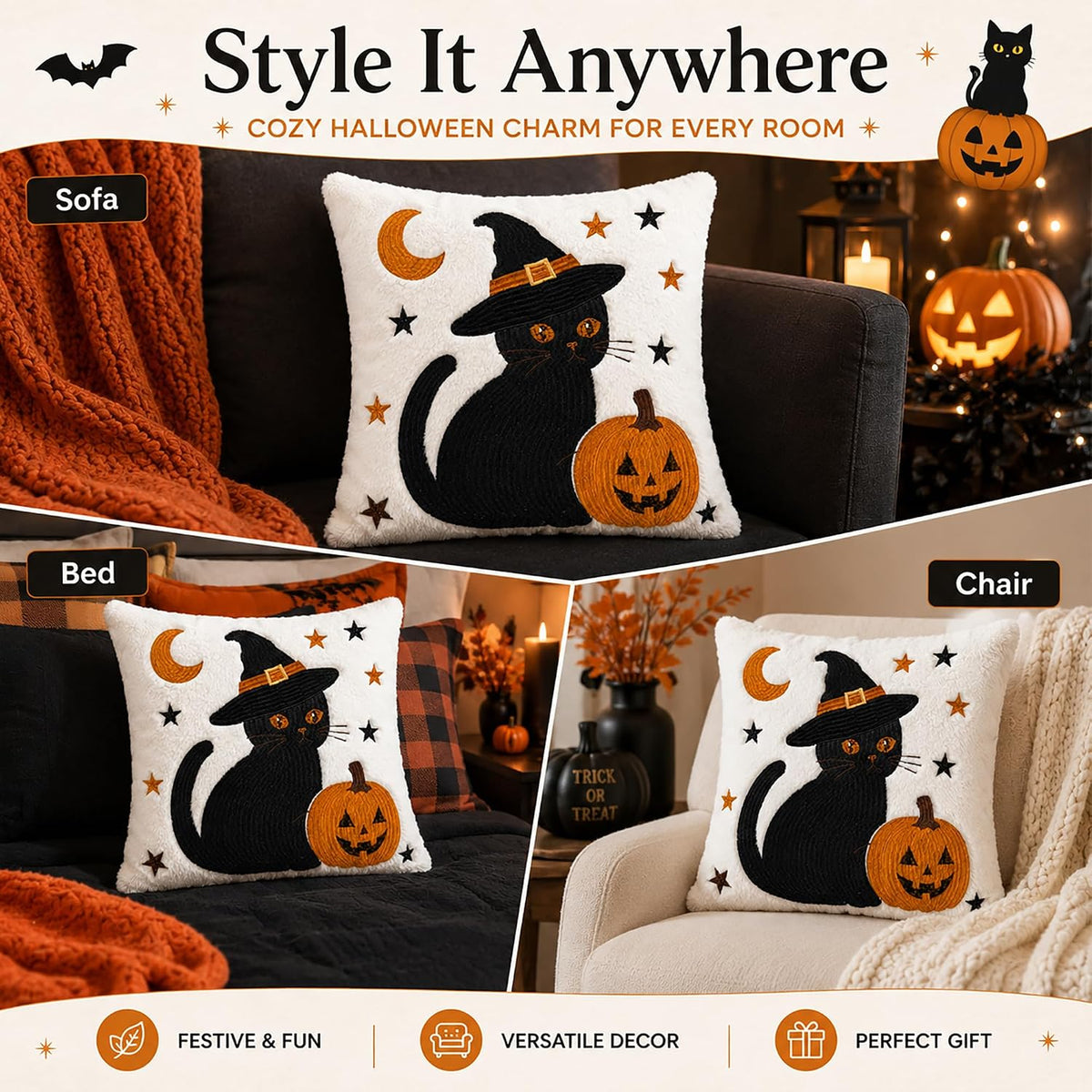 Familiar's Welcome black cat and ghost plush pillow covers, 18x18, set of 2 (view 6 of 7)