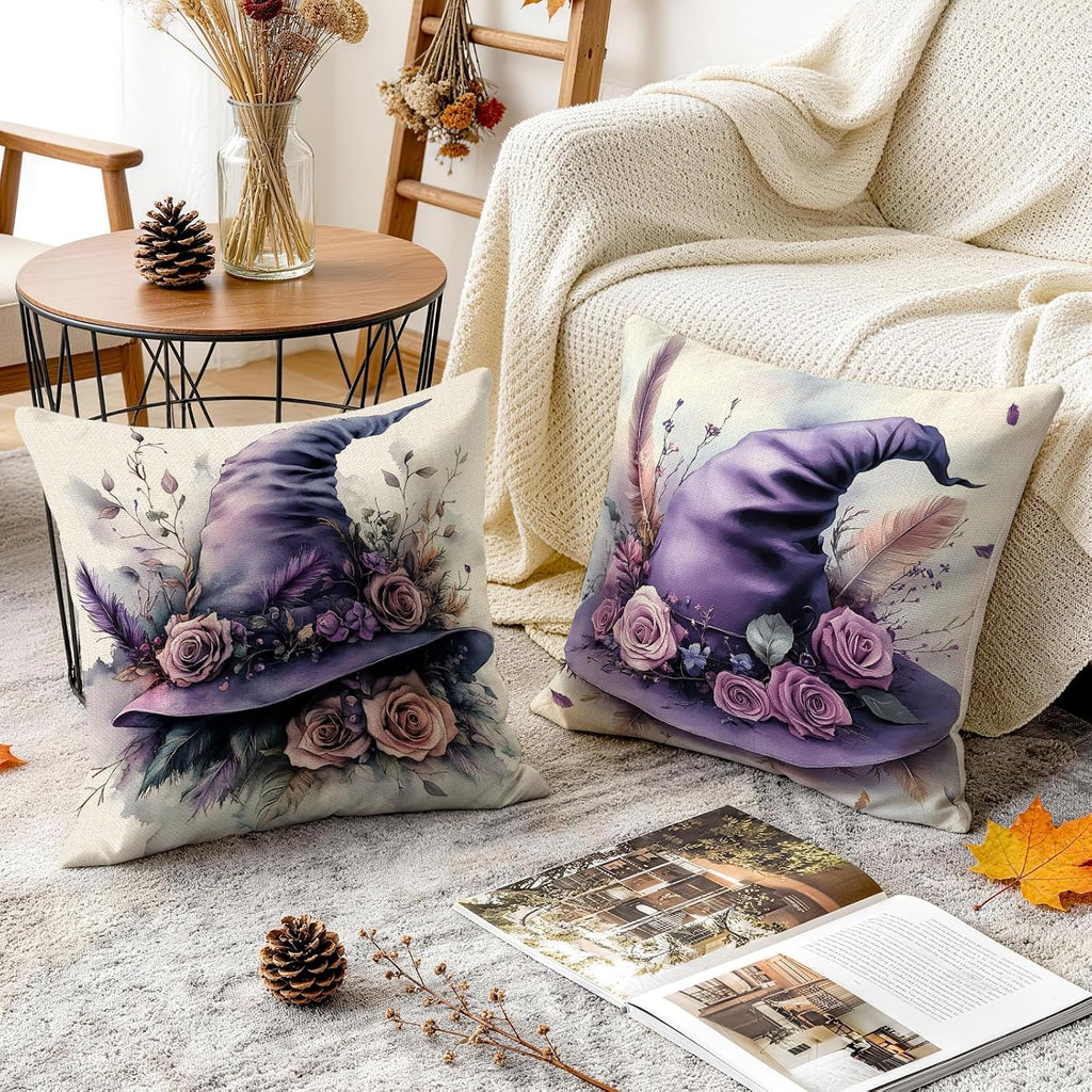 Enchanted Hat purple witch hat and rose pillow covers, 18x18, set of 4 (view 4 of 7)