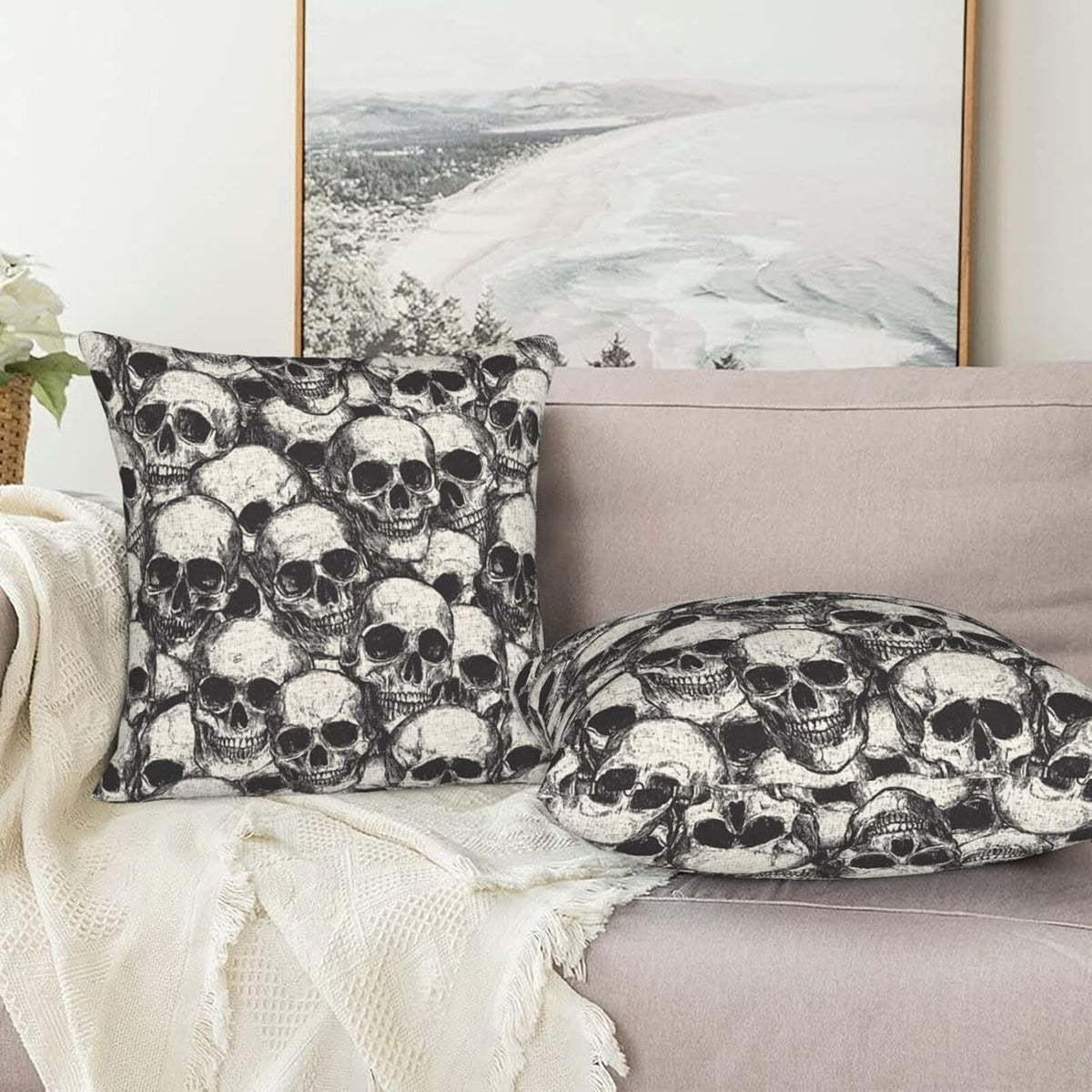 Bone Pile gray skull print pillow covers, 18x18, set of 2 (view 7 of 7)