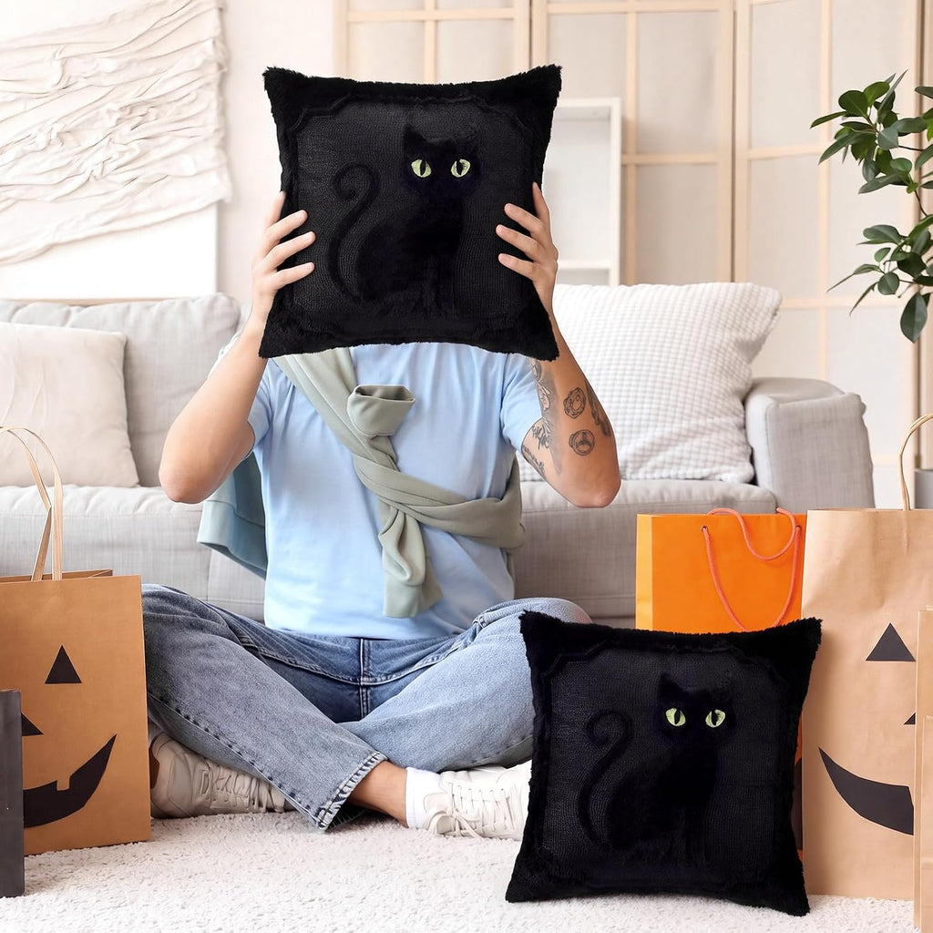 Midnight Familiar black faux fur cat pillow covers, 18x18, set of 2 (view 5 of 6)