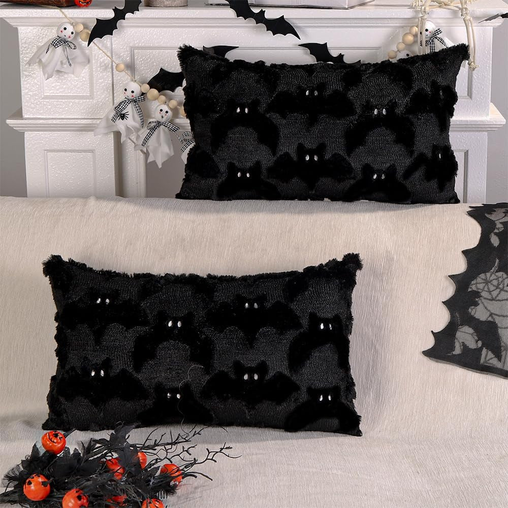 Velvet Night black faux fur bat lumbar pillow covers, 12x20, set of 2 (view 4 of 7)